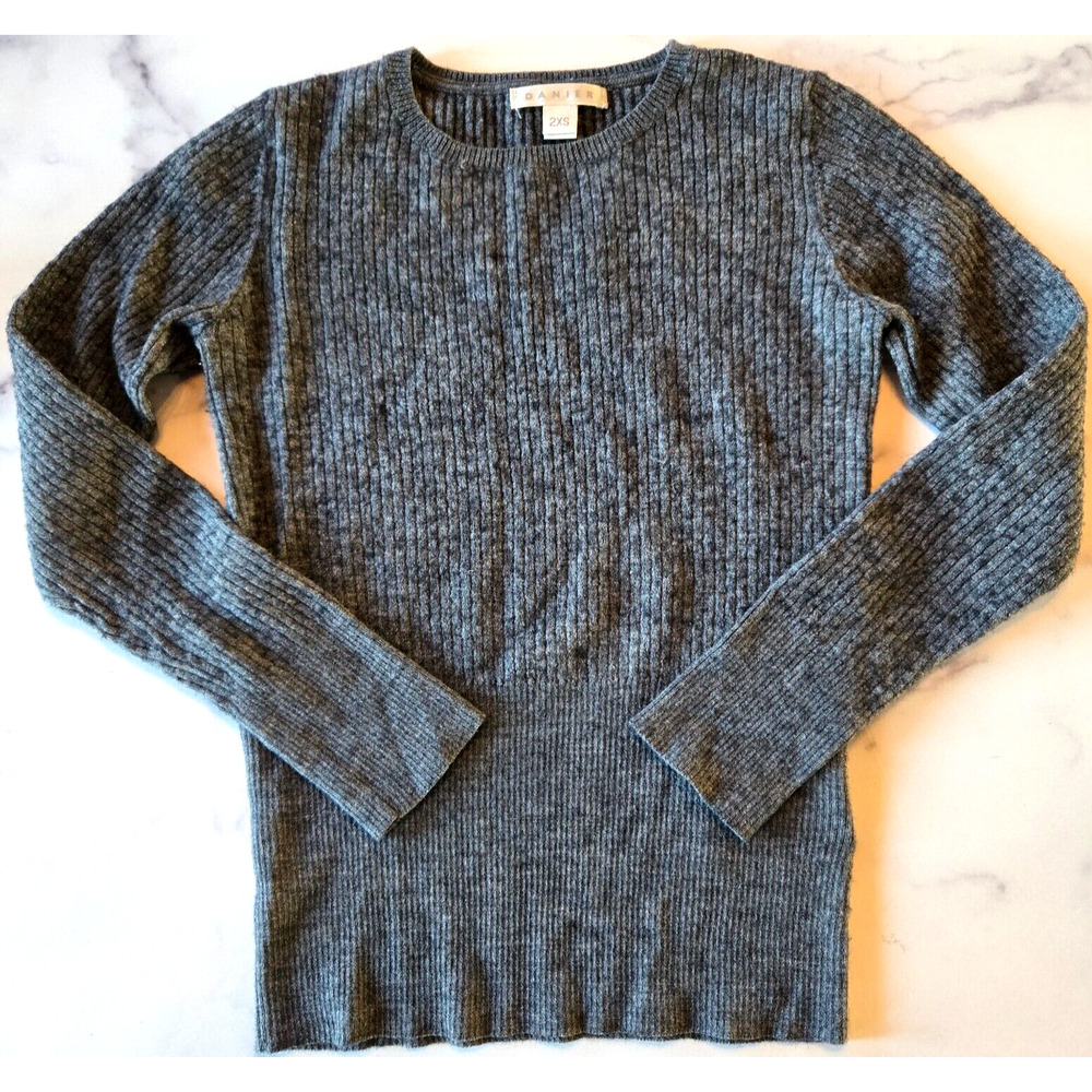 Vintage Sweater Womens 2XS Gray Rib Knit Merino Wool Minimal Academia Grunge 90s